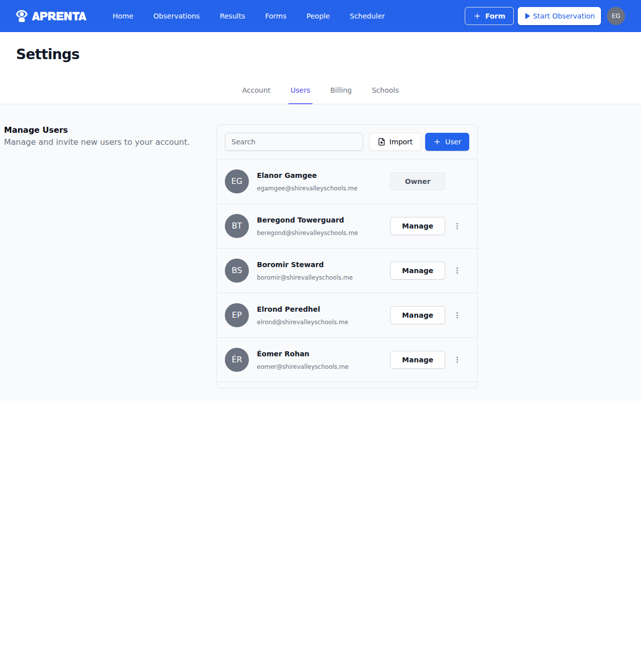 The Users tab in Settings showing the list of team members and the + User button