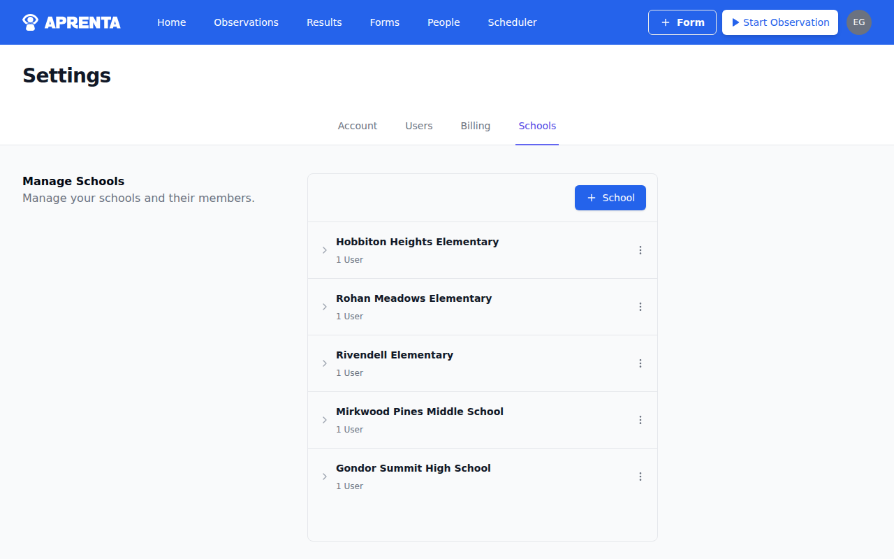 The Schools settings page showing a list of schools with member counts and expandable details