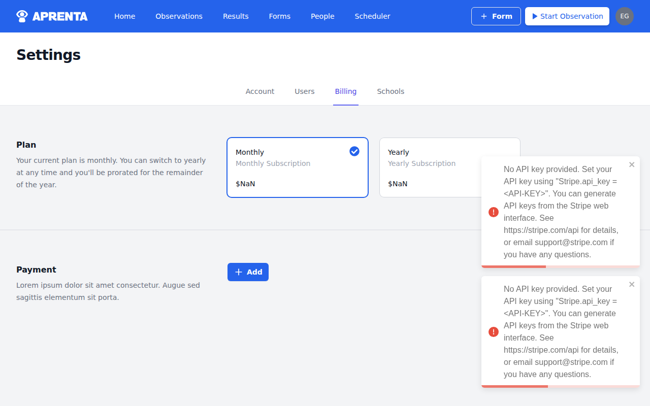 The Billing page showing current plan details and subscription management options