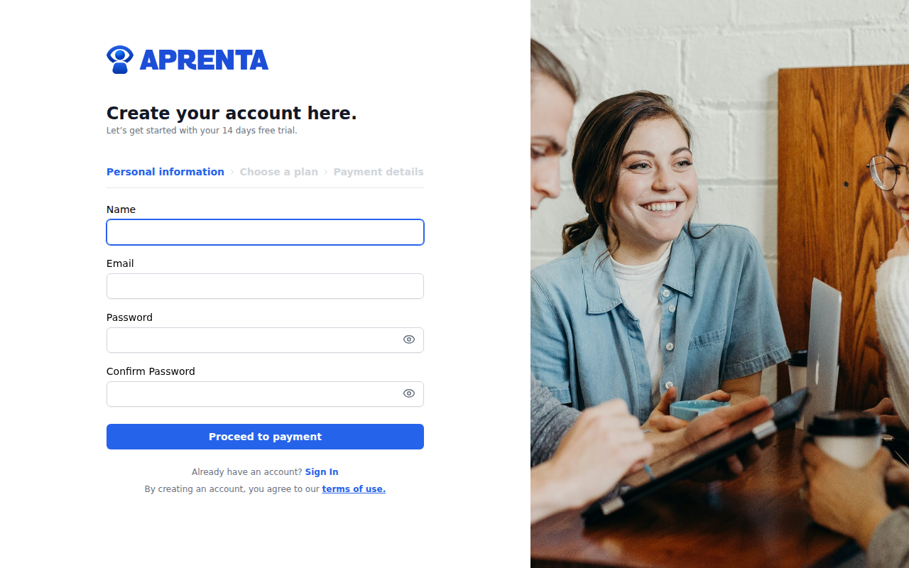 The Aprenta registration page with fields for name, email, and password