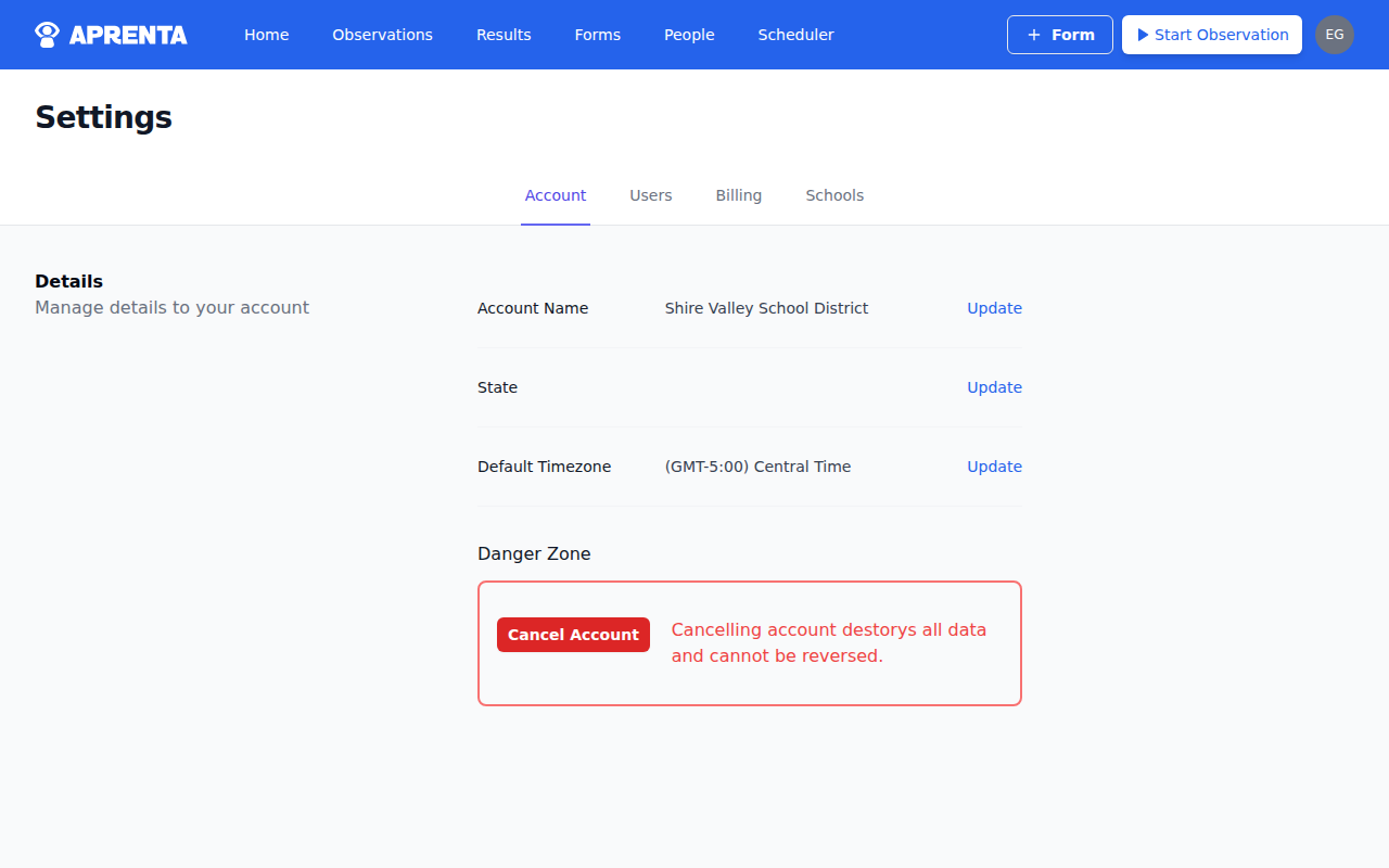 Settings page showing the four tabs: Account, Users, Billing, and Schools