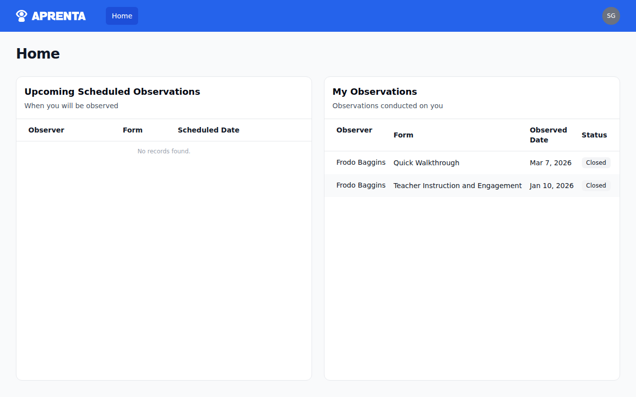 The Home dashboard for a teacher showing upcoming and completed observations