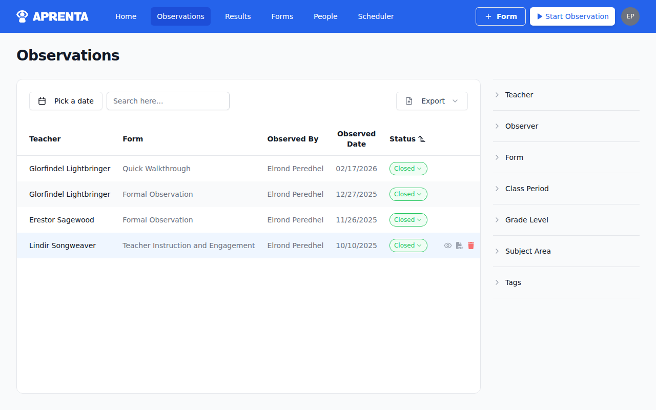 The Observations page showing a list of observations with status, date, and observee columns