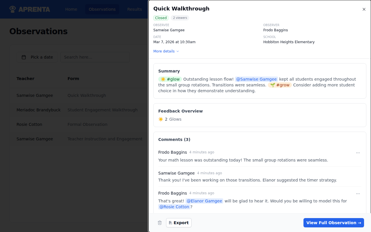 The sliding detail panel showing an open observation with metadata and form responses