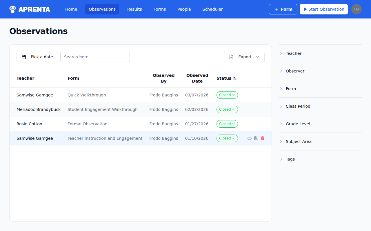 The observations list page showing a table of all observations with filters on the right