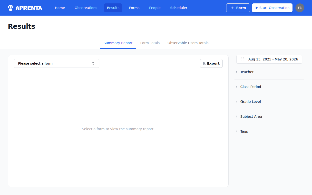 The Summary Report showing the Export button in the top-right corner