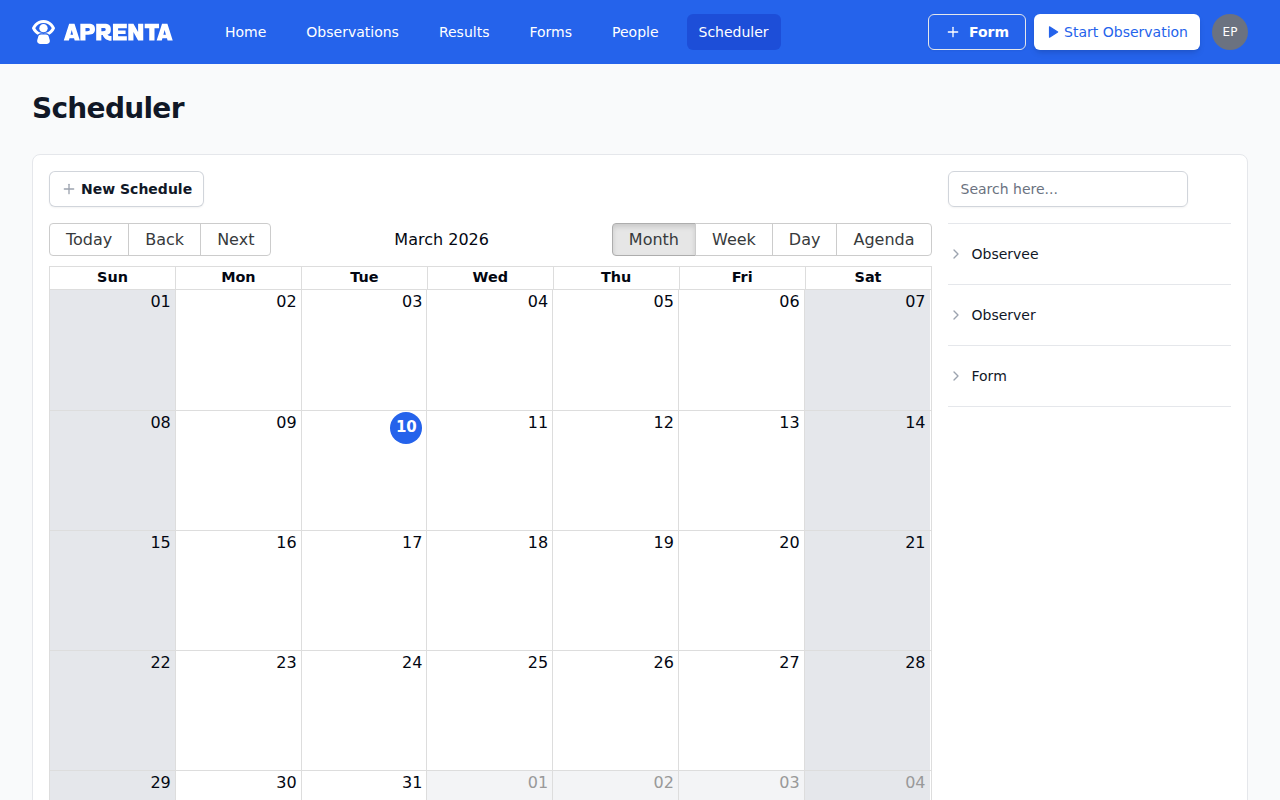 The Scheduler page showing the calendar view with scheduled observations