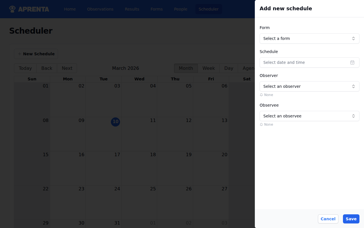 The Add new schedule panel showing all form fields for creating a scheduled observation